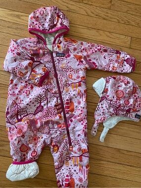 Patagonia Pink and Magenta Patterned Kids Puffer One-Piece with Hat